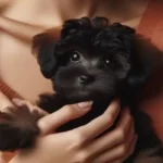 busto di una donna che tiene fra le braccia un cucciolo di barboncino nero