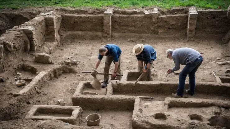 degli archeologi stanno lavorando all'interno di uno scavo archeologico