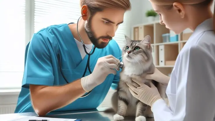 due veterinari sono intenti a visitare un gatto