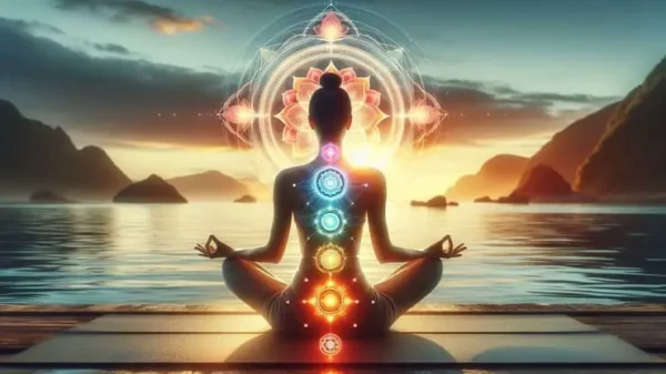 una donna di schiena in riva al mare al tramonto nella posizione del Loto con i chakra illuminati, l'immagine rappresenta il corso di aura e chakra