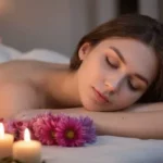 ragazza castana sdraiata su un lettino per massaggi con fiori e candele che la circondano