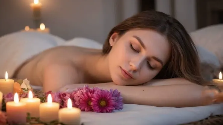 ragazza castana sdraiata su un lettino per massaggi con fiori e candele che la circondano