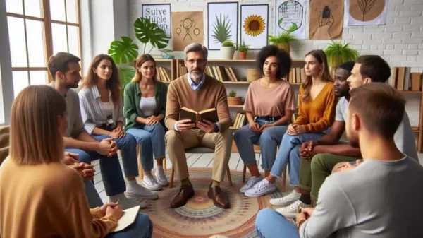 un gruppo di ragazzi è seduto in uno studio intorno a un counselor che rappresenta il corso di counseling