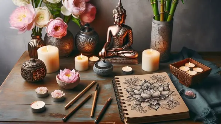 un tavolo con una statua di confucio, un quaderno con disegnato un mandala, incensi e fiori di loto