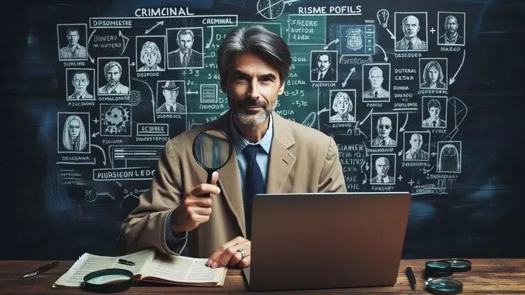 un criminologo con una lente di ingrandimento ijn mano seduto nel suo studio con una lavagna di sospettati sullo sfondo, l'immagine rappresenta il corso di criminologia
