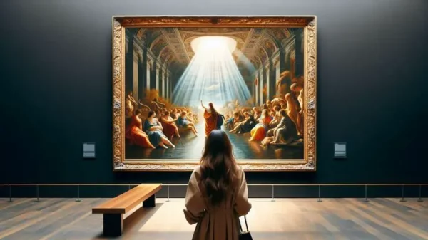una ragazza di spalle osserva un quadro di grandi dimensioni in un museo che rappresenta il corso di critico, gallerista e curatore d'arte