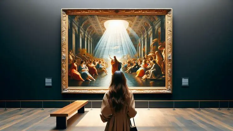 una ragazza di spalle osserva un quadro di grandi dimensioni in un museo