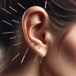 una ragazza di profilo con applicati gli aghi per l'agopuntura sull'orecchio