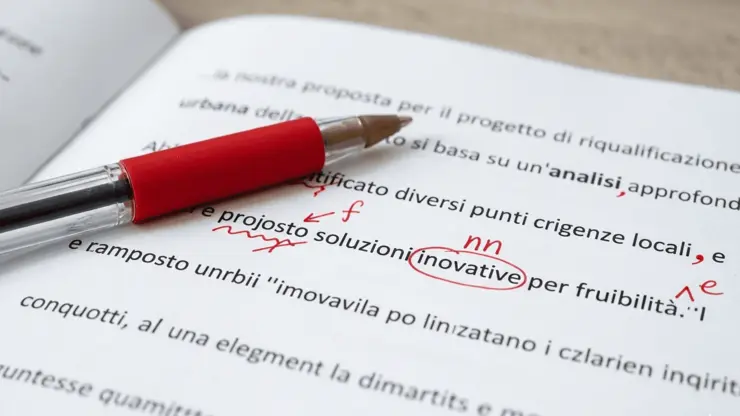una penna rossa poggiata su un foglio di testo dove alcuni errori sono riportati in rosso, l'immagine rappresenta il corso di editor e correttore di bozze