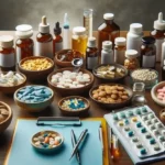 un tavolo colmo di ciotole e flaconcini con ogni tipo di farmaci e pasticche che rappresentano il corso di farmacologia e farmacognosia