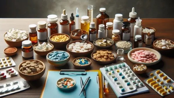 un tavolo colmo di ciotole e flaconcini con ogni tipo di farmaci e pasticche che rappresentano il corso di farmacologia e farmacognosia