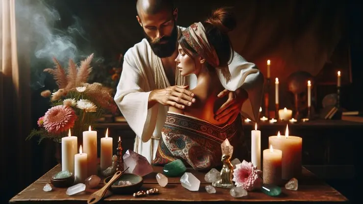 un uomo massaggia la schiena di una donna seduta in una stanza con una luce soffusa e degli incensi accesi
