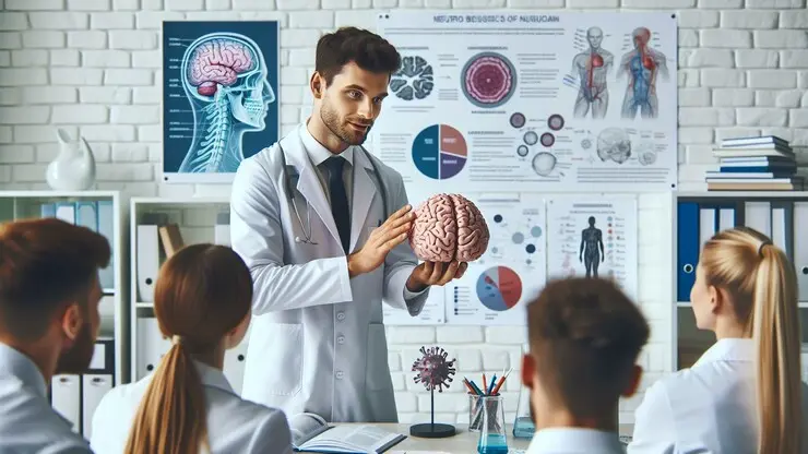 un neuropsicologo che illustra la riproduzione di un cervello ai suoi studenti