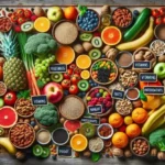 un insieme di frutta e verdura su un tavolo vista dall'alto, l'immagine rappresenta il corso di nutrizione olistica