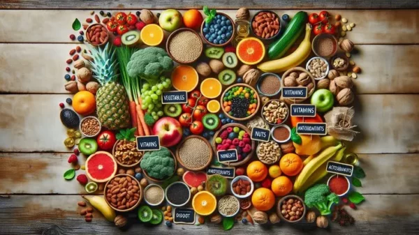 un insieme di frutta e verdura su un tavolo vista dall'alto, l'immagine rappresenta il corso di nutrizione olistica
