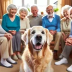 un cane in una stanza circondato da anziani seduti che sorridono mentre lo guardano, l'immagine rappresenta il corso di pet therapy