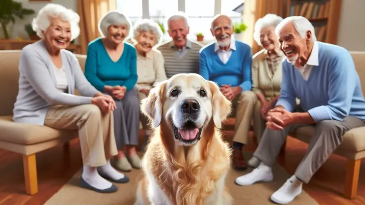 un cane in una stanza circondato da anziani seduti che sorridono mentre lo guardano