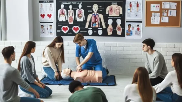 un infermiere mostra come rianimare un manichino alla classe di studenti, l'immagine rappresenta il corso di primo soccorso