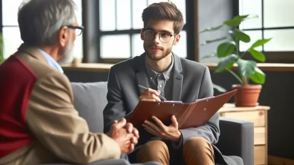 uno psicologo nel suo studio parla con un paziente mentre si appunta le informazioni, l'immagine rappresenta il corso di psicologia