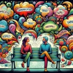 disegno di due ragazzi su una panchina circondati da fumetti con emozioni scritte in inglese, l'immagine rappresenta il corso di psicologia di coppia