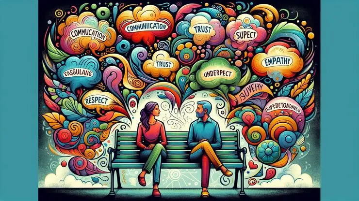 disegno di due ragazzi su una panchina circondati da fumetti con emozioni scritte in inglese, l'immagine rappresenta il corso di psicologia di coppia