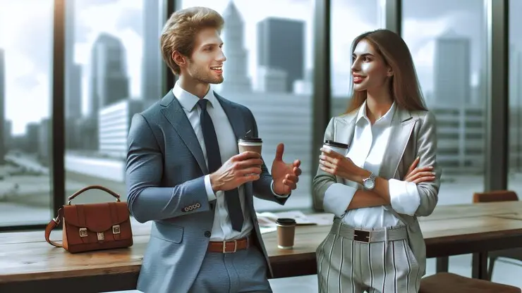 un sociologo che parla con una esperta di pnl in un ufficio, l'immagine rappresenta il corso di psicologia sociale e pnl