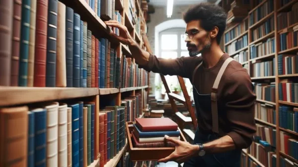 un bibliotecario sistema i libri in una scaffale di una biblioteca, l'immagine rappresenta il corso di scienze archivistiche e librarie