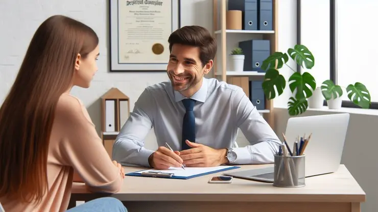 un counselor parla con un cliente nel suo studio, l'immagine rappresenta il corso di scuola di counseling