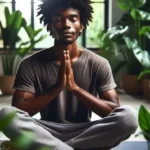 un uomo di colore seduto in una stanza mentre medita nella posizione del loto circondato da piante in vaso, l'immagine rappresenta il corso di tecniche di rilassamento
