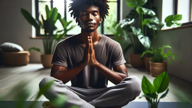 un uomo di colore seduto in una stanza mentre medita nella posizione del loto circondato da piante in vaso