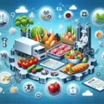 Un disegno della filiera alimentare con dei collegamenti fra gli alimenti che rappresenta la qualità e la sicurezza alimentare
