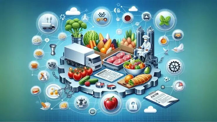 Un disegno della filiera alimentare con dei collegamenti fra gli alimenti che rappresenta la qualità e la sicurezza alimentare