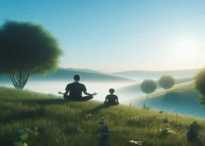 un uomo e un bambino in lontananza sono seduti di spalle su una collina praticano la mindfulness mentre osservano l'orizzonte