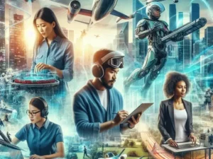 mix di persone che lavorano con strumenti tecnologici e futuristici