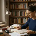l'immagine del corso Leggere Come un Editore, presenta una donna intenta ad applicare correzioni a un testo, seduta alla scrivania in una stanza con una libreria sullo sfondo.